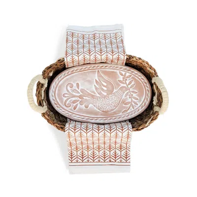 Korissa Bread Warmer & Basket Gift Set With Light Brown Tea Towel - Bird Oval