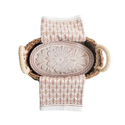 Korissa Bread Warmer & Basket Gift Set With Light Brown Tea Towel - Flower