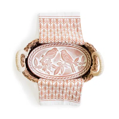 Korissa Bread Warmer & Basket Gift Set With Light Brown Tea Towel - Lovebird Oval In Pink