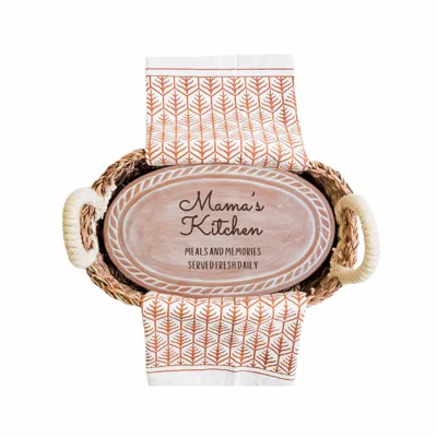 Korissa Bread Warmer & Basket Gift Set With Light Brown Tea Towel - Mom Oval