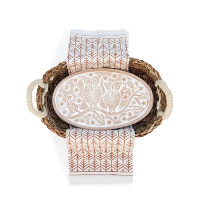 Korissa Bread Warmer & Basket Gift Set With Light Brown Tea Towel - Owl Oval