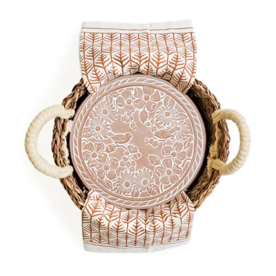 Korissa Brown / Neutrals Bread Warmer & Basket Gift Set With Light Brown Tea Towel - Garden Round