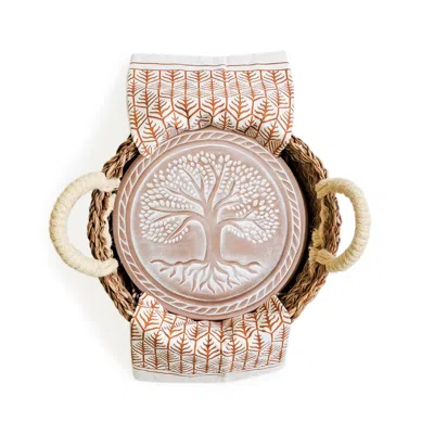 Korissa Brown / Neutrals Bread Warmer & Basket Gift Set With Light Brown Tea Towel - Tree Of Life Round