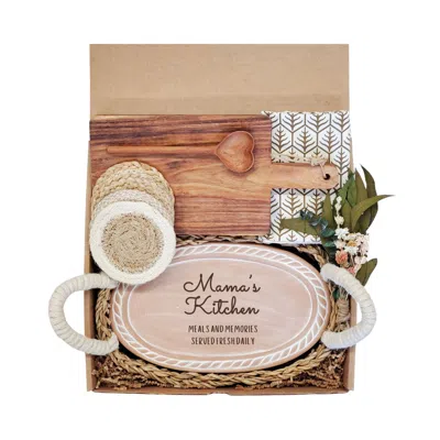 Korissa Brown / Neutrals Bread Warmer Gift Box With Rectangular Wooden Board, Spoon & Dark Brown Tea Towel -