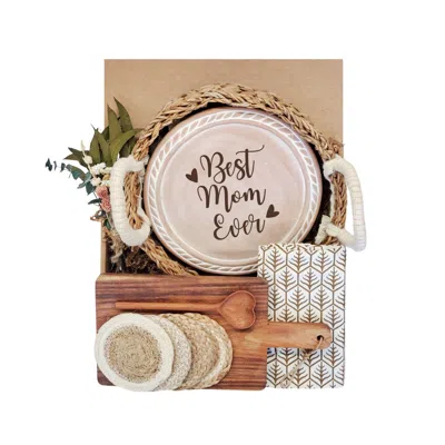 Korissa Brown / Neutrals Bread Warmer Gift Box With Rectangular Wooden Board, Spoon & Dark Brown Tea Towel -