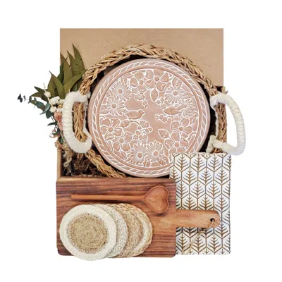 Korissa Brown / Neutrals Bread Warmer Gift Box With Rectangular Wooden Board, Spoon & Dark Brown Tea Towel -