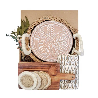Korissa Brown / Neutrals Bread Warmer Gift Box With Rectangular Wooden Board, Spoon & Dark Brown Tea Towel -