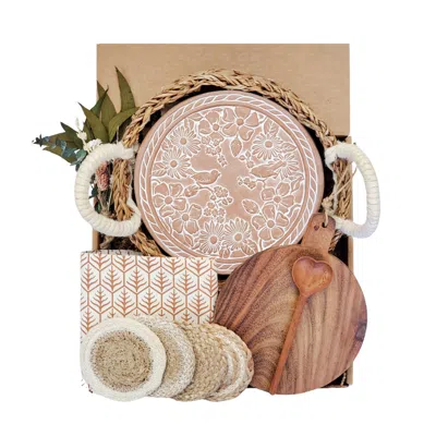 Korissa Brown / Neutrals Bread Warmer Gift Box With Round Wooden Board, Spoon And Light Brown Tea Towel - Ga