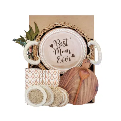Korissa Brown / Neutrals Bread Warmer Gift Box With Round Wooden Board, Spoon And Light Brown Tea Towel - Mo