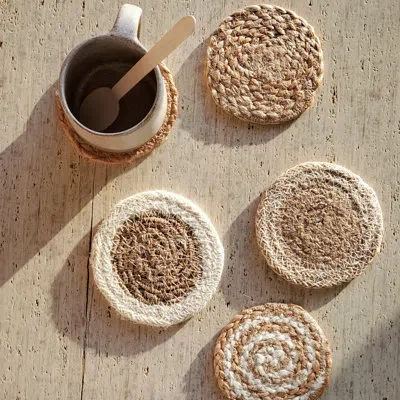 Korissa Natural Coaster Gift Set With Heart Pouch In Neutral,white,brown,orange