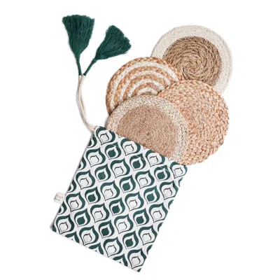 Korissa Natural Coaster Trivet Gift Set With Green Pouch In Multi