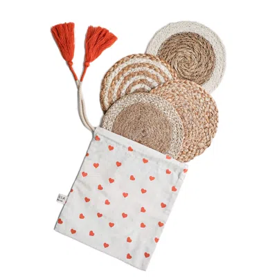 Korissa Natural Coaster Trivet Gift Set With Heart Pouch In White