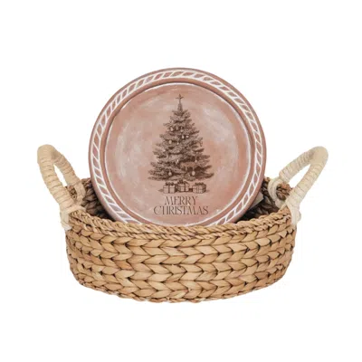 Korissa Neutrals Bread Warmer & Basket - Christmas Tree Round In Pink