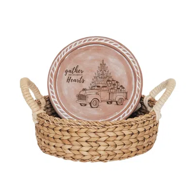 Korissa Neutrals Bread Warmer & Basket - Christmas Truck Round In Pink