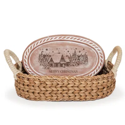 Korissa Neutrals Bread Warmer & Basket - Christmas Village Oval In Multi