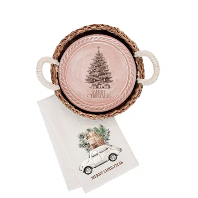 Korissa Neutrals Bread Warmer & Basket Gift Set With Tea Towel - Christmas Tree Round In Multi