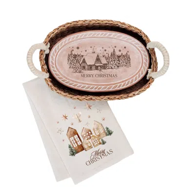 Korissa Neutrals Bread Warmer & Basket Gift Set With Tea Towel - Christmas Village Oval In Multi
