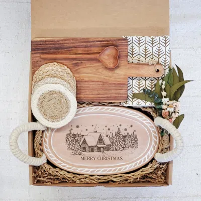 Korissa Neutrals Bread Warmer Gift Box With Round Wooden Board, Spoon And Light Brown Tea Towel - Christmas 
