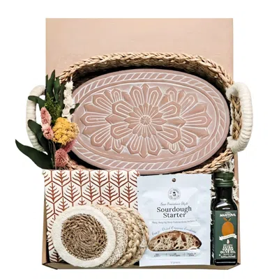 Korissa Neutrals Bread Warmer Gift Box With Sourdough Starter, Olive Oil And Tea Towel - Flower Oval In Green
