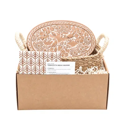 Korissa Neutrals / Brown Bread Warmer & Basket Gift Set With Light Brown Tea Towel - Garden Oval