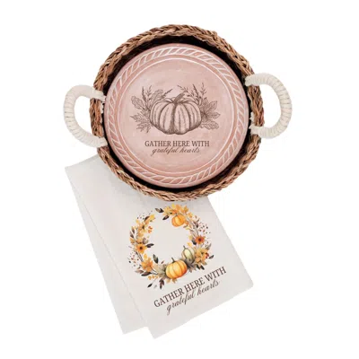 Korissa Neutrals / Brown Bread Warmer & Basket Gift Set With Tea Towel - Pumpkin Round