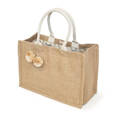 Korissa Jute Canvas Shopping Bag With Pompom In Gray/white