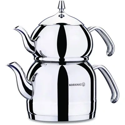 Korkmaz Efendi Turkish Stainless Steel Double Stovetop Tea Kettle In Silver