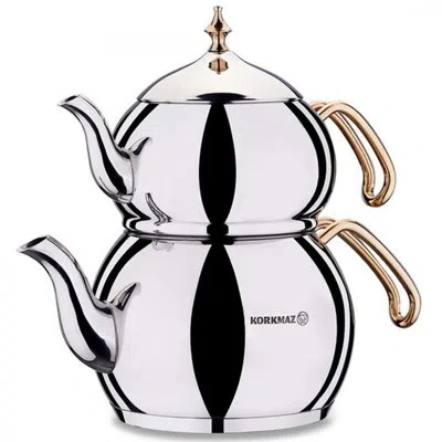 Korkmaz Hakan Gold Turkish Teapot Set For Stovetop, 3.3 Qt In Silver