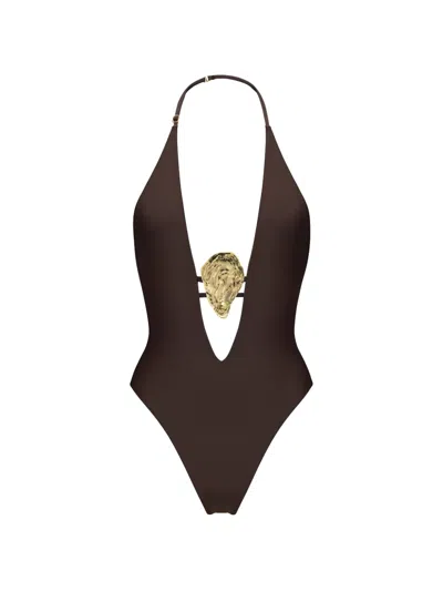 Korobeynikov Oyster-detail Halterneck Swimsuit In Black