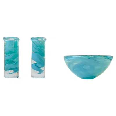 Pre-owned Kosta Boda Art Glass Bowl And Candlesticks By Anna Ehrner For , 1980s In Blue