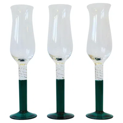 Pre-owned Kosta Boda Champagne Flutes Glasses, Circa 1990s, Set Of 3 In Green