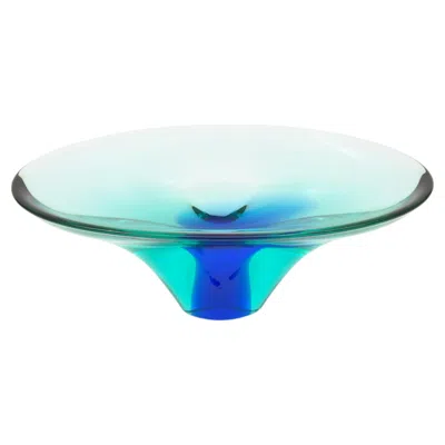 Pre-owned Kosta Boda Crystal Hand Blown Glass Pedestal Bowl By Goran Warff For , Turquoise In Blue