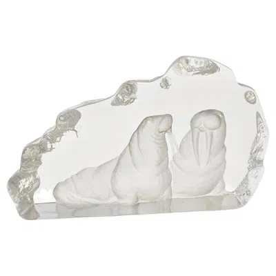 Pre-owned Kosta Boda Etched Glass Sculpture With Two Walruses By Mats Jonasson For , Sweden In Gray