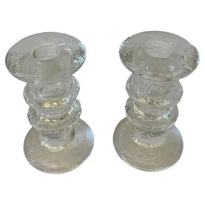 Pre-owned Kosta Boda Pair Of Small Crystal Candle Holders In The Style Of  In Gray