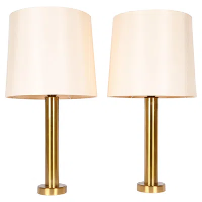Pre-owned Kosta Boda Pair Of Swedish Kosta Contemporary Brass Table Lamps In White