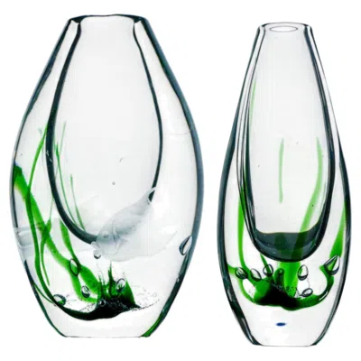 Pre-owned Kosta Boda Scandinavia Modern Seaweed And Fish Vases Made By Vicke Lindstrand Kosta, Sweden In Transparent