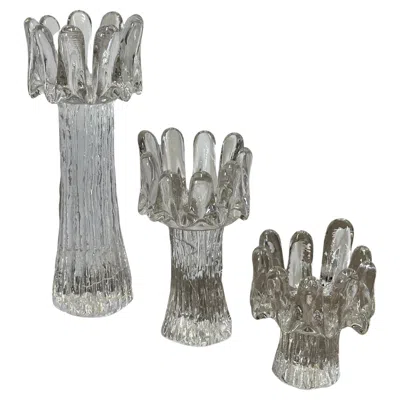 Pre-owned Kosta Boda Set Of 3 Swedish Crystal Sunflower Candlesticks By Göran Wärff For  In Gray