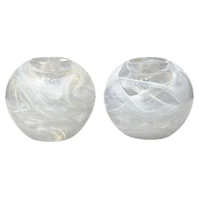 Pre-owned Kosta Boda Vintage  White Swirl Art Glass Pair Of Candleholders, Votives
