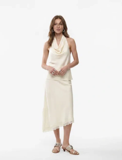 Koton Asymmetric Lace Trim Satin Skirt In Neutral