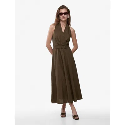 Koton Back Detail Halter Neck Belted Midi Linen Dress In Brown