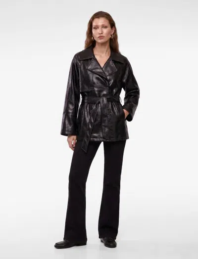 Koton Belted Double-breasted Faux Leather Trench Coat In Black