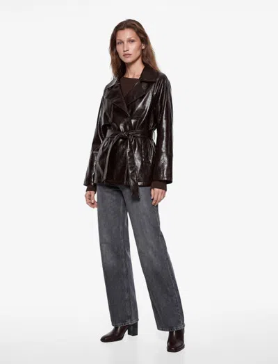 Koton Belted Double-breasted Faux Leather Trench Coat In Bordeux