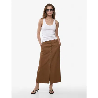 Koton Button Down Midi Linen Skirt In Brown
