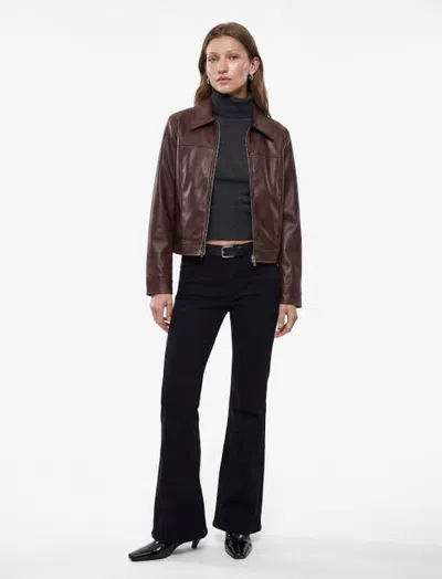 Koton Faux Leather Bomber Jacket Front Zip Long Sleeve In Brown
