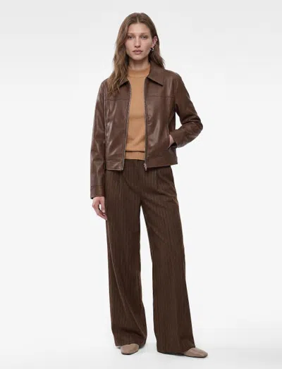 Koton Faux Leather Bomber Jacket Front Zip Long Sleeve In Brown