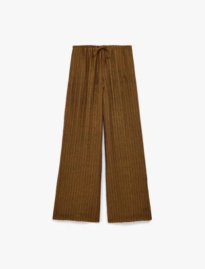 Koton Flowy Straight Wide Leg Striped Pants In Brown