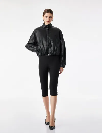 Koton Funnel Neck Faux Leather Crop Bomber Jacket In Black