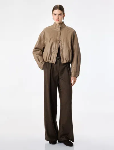 Koton Funnel Neck Faux Leather Crop Bomber Jacket In Neutral