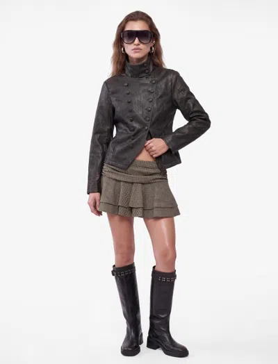 Koton Funnel Neck Faux Leather Military Jacket Asymmetric Front Overlap In Gray
