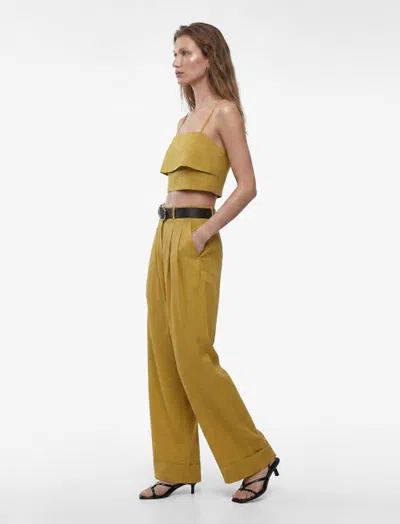 Koton High Rise Belted Straight Fit Linen Blend Tailored Pants In Green